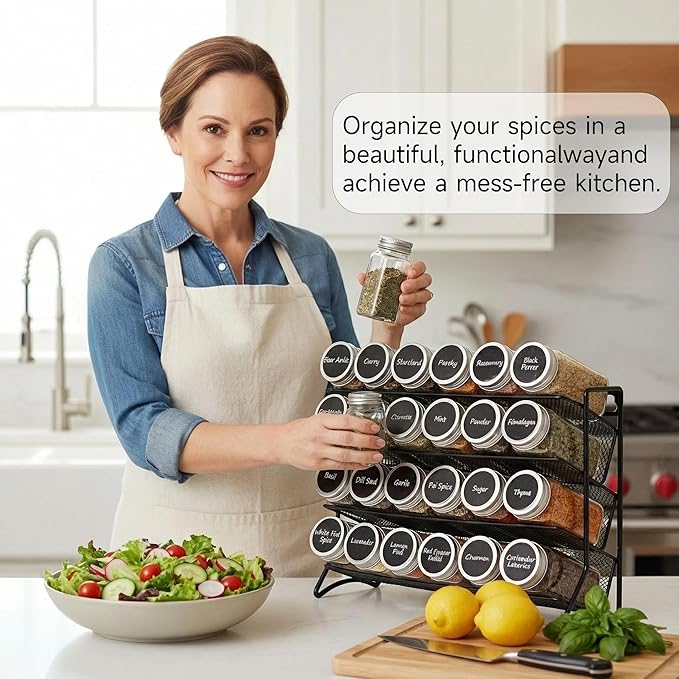 DIDITIME Spice Rack Organizer – 24 Glass Jars, 60 Labels & Marker, Space-Saving Kitchen Countertop, Cabinet & Wall Rack