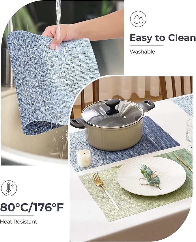 Leetaltree Gradient Blue Woven Placemats Set of 8 - Heat Resistant Non-Slip Place mats for Dining Table, Washable Durable PVC Vinyl Woven Table Mats(Gradient Blue, 8)