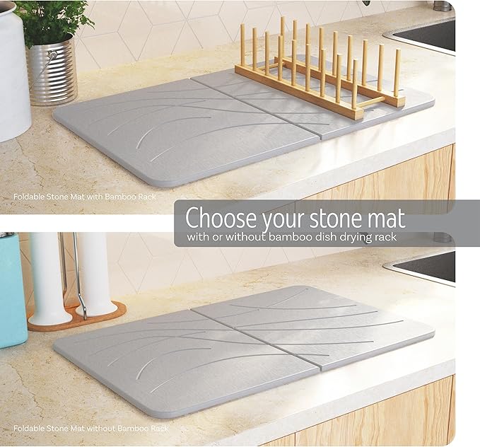 Large Stone Drying Mat with Bamboo Rack | 23.6” x 15.4” Diatomaceous Earth Collapsible Stone Dish Drying Mat | Quick Water Absorbing Foldable Dish Drying Stone for Kitchen Counter Racks (Light Gray)