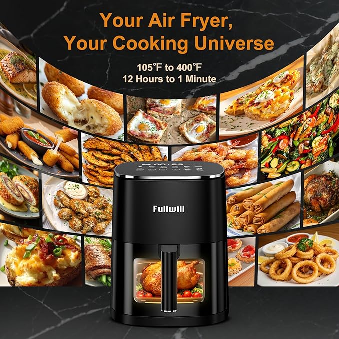 Fullwill Air Fryer with Viewing Window 6QT,12 Cooking Presets,AirFry,Roast,Bake,Reheat,Dehydrate, 1700W Fast Even Heating, Max 400°F, Nonstick Basket Dishwasher Safe,for Families and Party