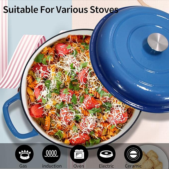 Enameled Cast Iron Dutch Oven Braiser, 3.8 Quart Enamel Skillet Pot with Lid - Heavy Duty and Dual Handles, Oven Safe Frying Pan for Family or Friends Gifts, Blue