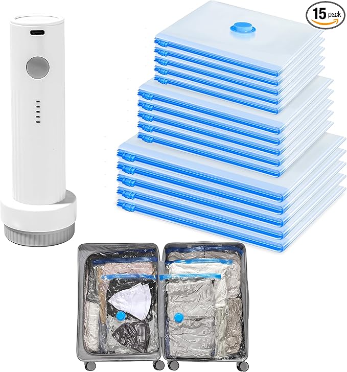 Vacuum Storage Bags for Travel - 15 Pack Compression Packing with Wireless Electric Pump for Luggage Vacuum Seal Bags for Clothes Suitcase Space Saver Organizer 5 XSmall/5 Small/5 Medium
