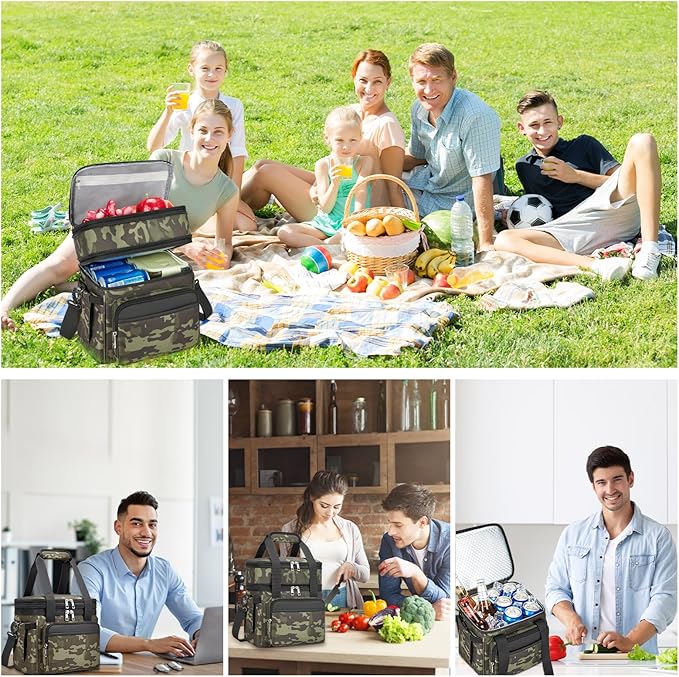 holuxer Insulated Lunch Bag & Lunch Box for Men - Double Deck Reusable Lunch Bag for Women Tote Cooler Bag Leakproof Soft Expandable - Extra Large Lunchbox for Work/Adult/Picnic/Outdoor (Camo，22L)