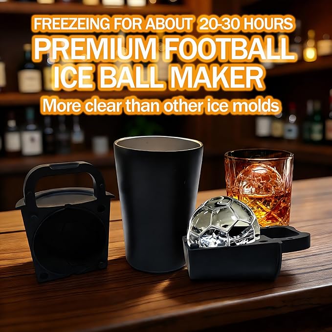 Clear Ice Cube Maker Tray – 2.5 Inch Large Football Ice Spheres Mold, Stainless Steel & Silicone, Slow Melting Crystal Ice for Whiskey, Cocktails, and Home Bar Use (Football-1 Pack)
