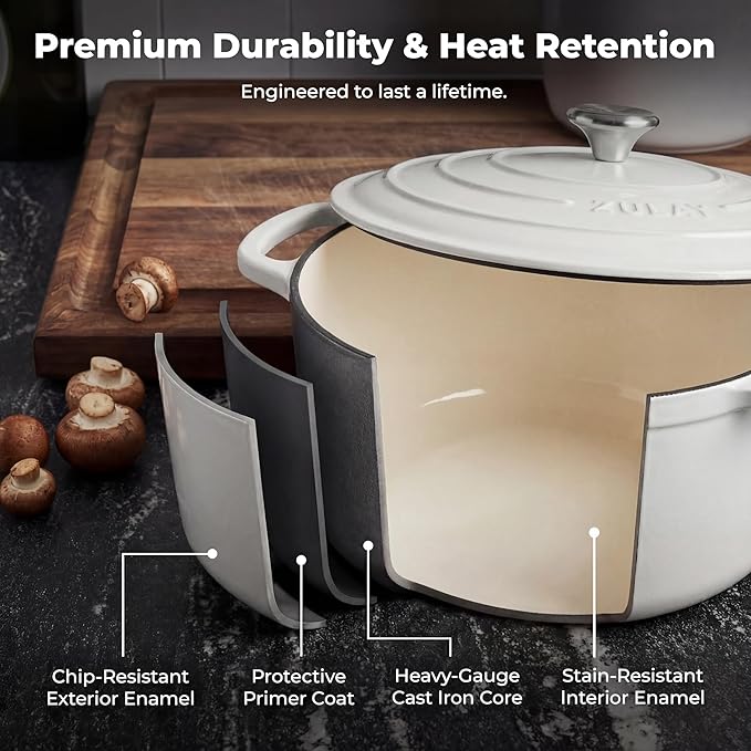 Zulay Kitchen 7.7 Quart Enameled Cast Iron Dutch Oven Pot with Lid – Premium Durability & Oven Safe up to 500°F – Heavy Duty Cookware Perfect for Bread Baking, Stews, Braising & Roasting – White