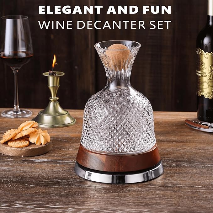 Rotating Wine Decanter Set with Solid Wood Base, Fun Crystal Glass Wine Carafe, Red Wine Decanter, Wine Accessories, Wine Gifts, Perfect for Home Bar (Silver Accents)