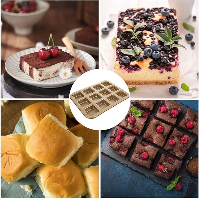 YAYODS 3 Pack Brownie Pan with Dividers 12 Cavity Square Muffin Pans Nonstick All Edges Brownie Pan, Baking Pan for Cornbread, Cupcakes, Tart, Muffin Cakes, Cookie, Bread (Gold)