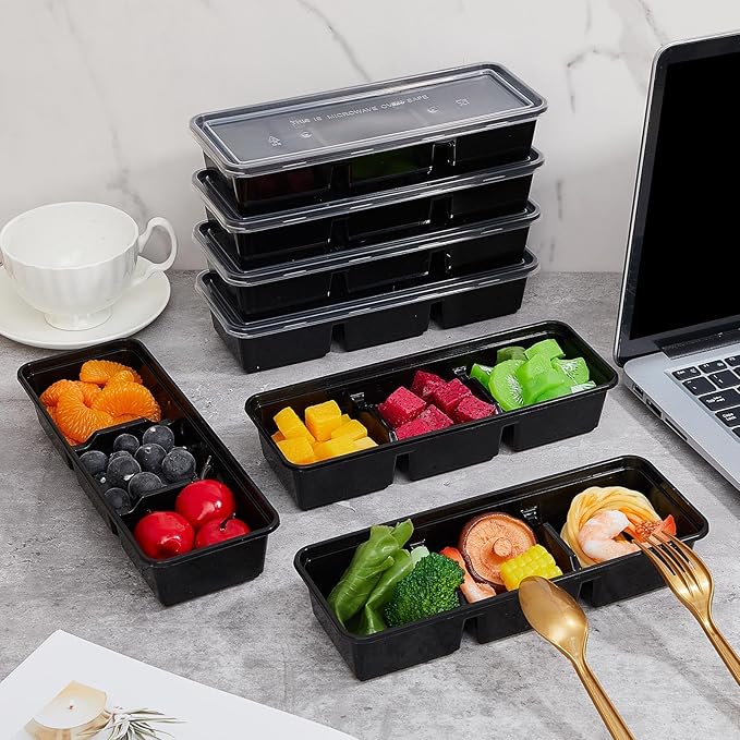 Hushee 75 Pack 17 oz Small Meal Prep Containers with 3 Compartments Snack Containers with Lid Disposable Plastic Bento Box Travel Lunch Food Boxes Stackable for Office Picnic (Black)