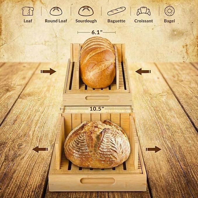 Stop Crushing Your Sourdough - 10.5" Extra Wide Bamboo Bread Slicer Guide with Crumb Catcher Board - Premium Wood Cutter & Serving Tray for Homemade Artisan Loaves, Kitchen Gadget Gifts for Bakers