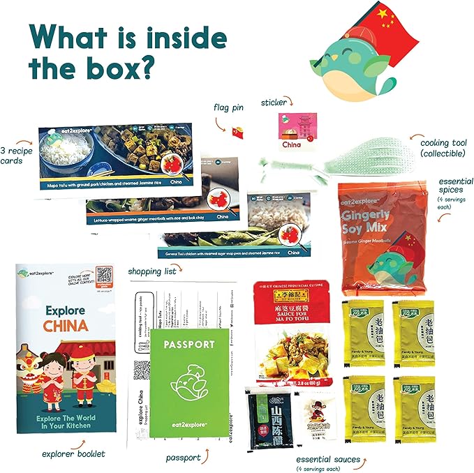 eat2explore Cooking Kits for Kids 18 Pcs – Interactive & Educational Kids Cooking Sets Real for Ages 5 and Up,3 Recipe Cards & Global Ingredients – Perfect for Families and Homeschooling (China)