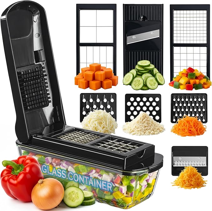 Le'raze 13-in-1 Vegetable Chopper Pro with Glass Container, Stainless Steel Blades, BPA-Free, Mandoline Slicer, Manual