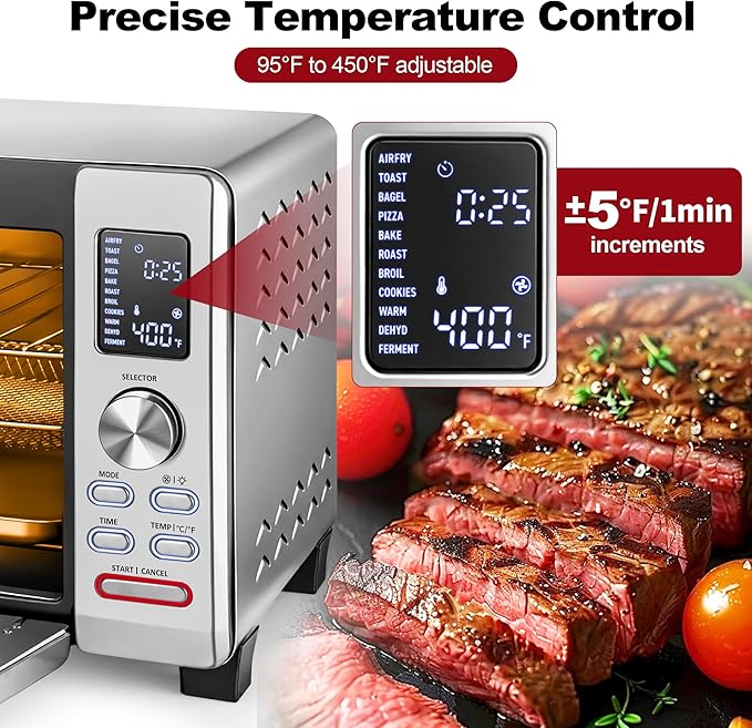 TomaChef Air Fryer Toaster Oven Combo, 26.5QT Large Capacity with Visible Window, 11-in-1 Countertop Toaster Oven, 85% Less Oil Healthy Cooker for Family, PFAS Free & Stainless Steel