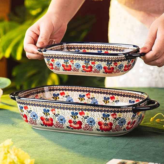 Baking Dish Ceramic Baking Pan Blue Casserole Dish Porcelain rectangular Baking Set 2pcs Bakeware Sets Single Serving Size Lasagna Pan Baking Dishes for oven(Honey Flower)