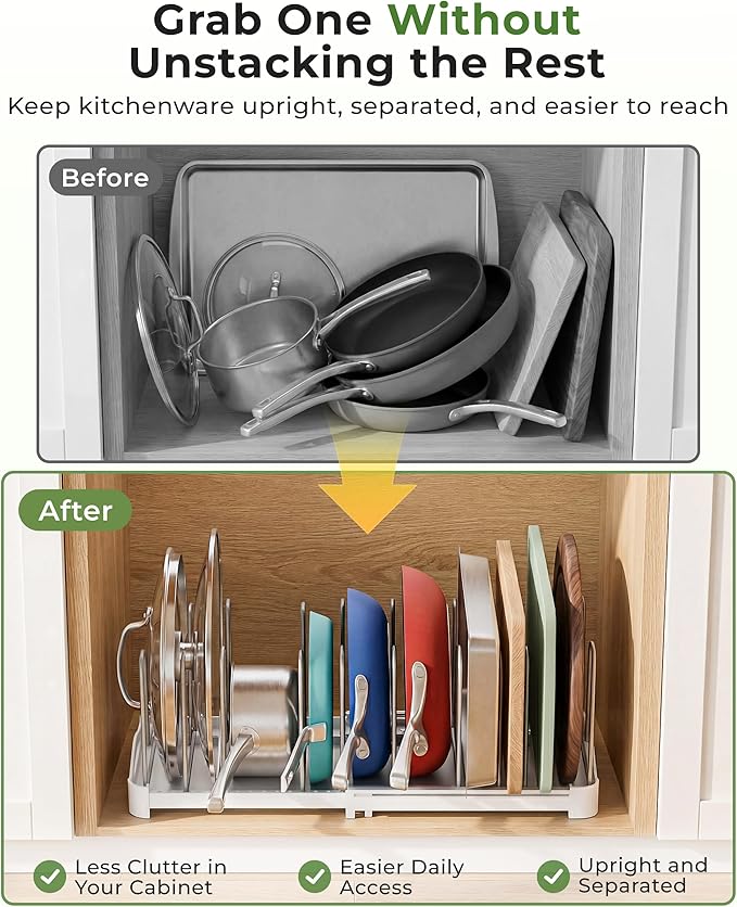 EVERIE Adjustable Bakeware Organizer Pot Lid Holder Rack for Pots, Cake Molds, Cutting Boards, Mats, Cookware, GS02SS, Pack of 2