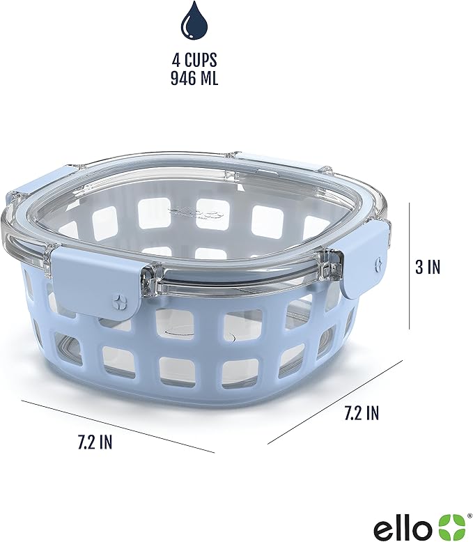 Ello Duraglass Meal Prep Container- Glass Food Storage Container with Silicone Sleeve and Airtight BPA-Free Plastic Lid, Dishwasher, Microwave, and Freezer Safe