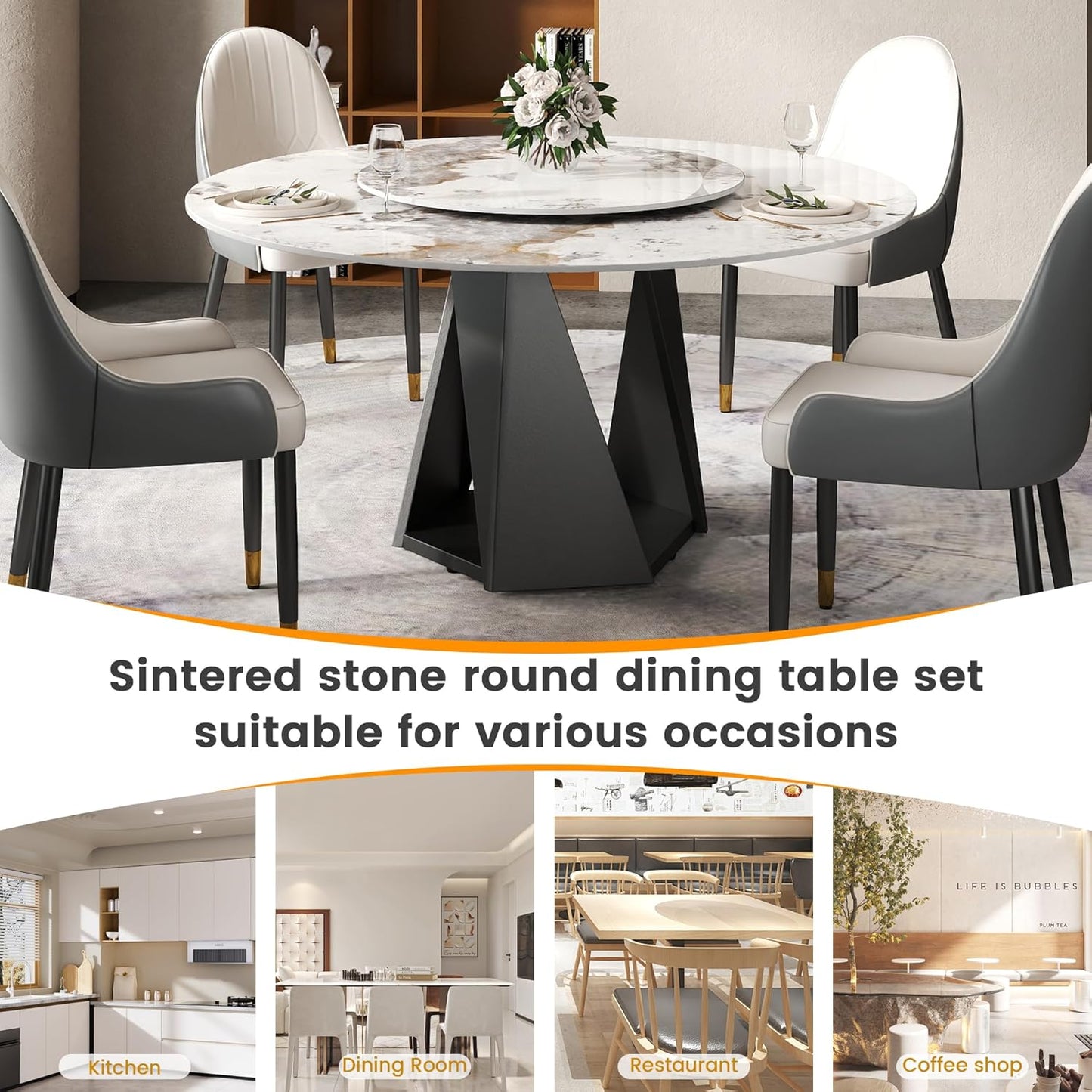 Montary 9 Piece Dining Table Chairs Set, Modern Dining Table Set of 8, Includes 59" D Marble Round Table with Black Iron Metal Base, 8 Gray White Dining Chairs for Home, Kitchen