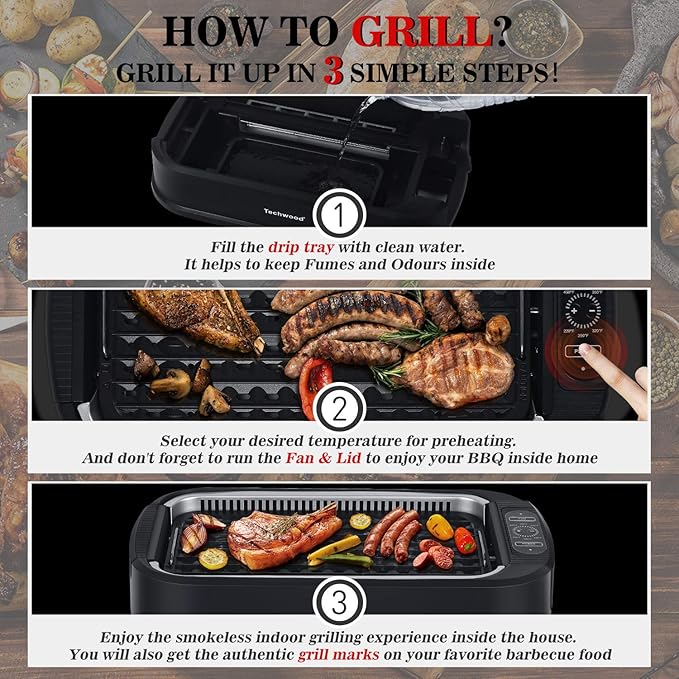 Indoor Grill, Techwood 1500W Smokeless Electric Grill with Tempered Glass Lid, Compact & Portable Non-Stick BBQ Grill with 6-Level Control, Dishwasher Safe, Black