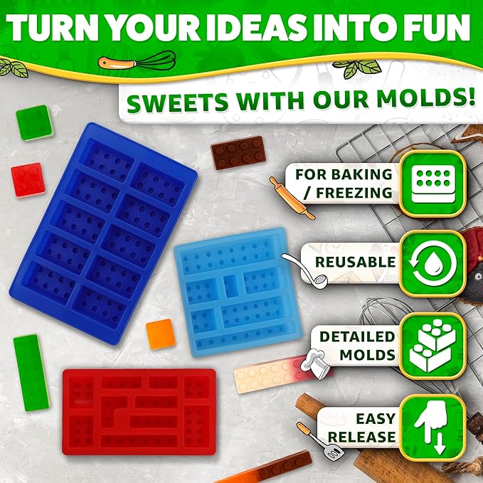 3 Pcs Silicone Chocolate Molds - Building Brick Mold Silicone Non-Stick Ice Cube Tray, Easy to Use & Clean - Designed for Candy, Chocolate, Ice, Gelatin, Soap, Jelly Shots, Cake Decorating & More Fun