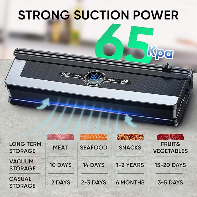 Vacuum Sealer Automatic Air Sealing Food Vacuum Sealer Machine for Dry and Moist Food, Includes 10 Sealer Bags for Food, 14.9*7.2*3.5, Silver