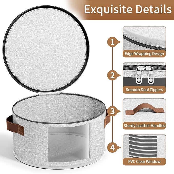 4 Piece China Storage Containers, Dish Storage Containers with Clear Windows, Hard Shell Plate Organizer with Handles, Stackable Stemware Storage Cases, Moving Boxes for Dishes, Plates, Light Gray