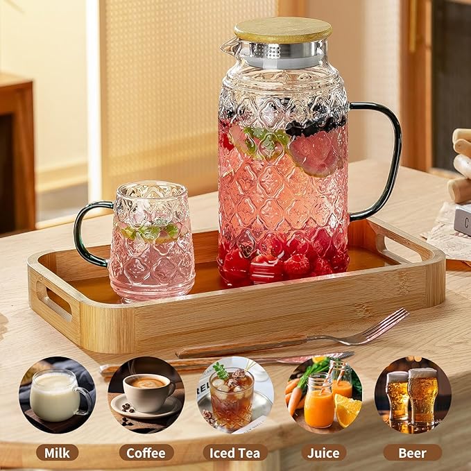 Buaic 2 PACK Glass Pitcher with Bamboo Lid, 68 oz/2L Vintage Water Pitcher, Clear Borosilicate Glass Water Carafe for Cold Brew, Coffee, Lemonade, Iced Sun Tea,Beverage, Heat Resistant Water Glass Jug
