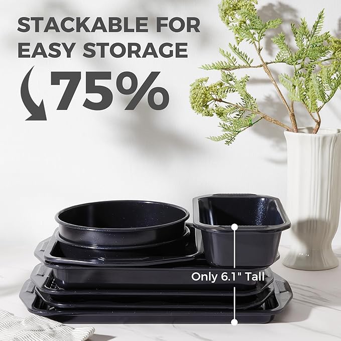 HONGBAKE 9-Piece Non Stick Bakeware Sets with Wave Texture for Reduced Grease, 0.8mm Thick Non Toxic Baking Pans Set, Includes Stackable Cookie Sheets for Oven Cooking, Shimmer Blue