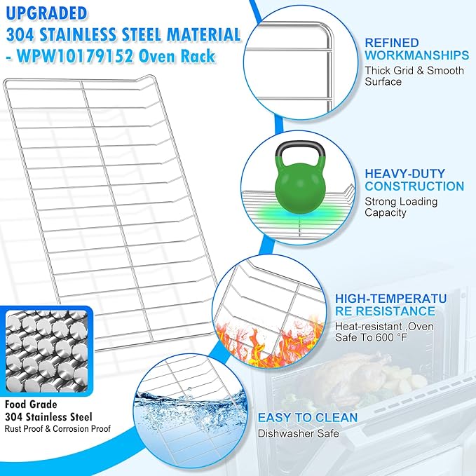 Upgraded 304 Stainless Steel WPW10179152 W10179152 Oven Rack Compatible with Kitchen-Aid, Maytag and Whirlpool Range Oven Stove Wire Rack W10439248 EAP11749669 Gas Range Oven Rack w/Oven Rack Liner