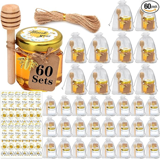 XING-RUIYANG 60 pack 1.5 oz Mini Honey Jars，baby shower favors,There's honey sticks, bee pendants, stickers and gold goodie bags，Suitable for wedding party gifts