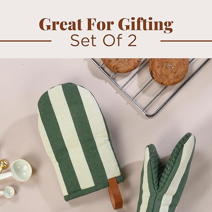 Folkulture Oven Mitts - Set of 2 (5.75"x9") | Oven Mitts with Hanging Loop for Cooking Gifts for Women, Kitchen Decor| 100% Cotton, Silicone Heat Resistant Mini Mitts (Matcha)