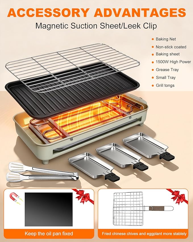 1500W Electric Indoor Grill, 3 in 1 Smokeless Korean Barbecue Grill with Net & Non-Stick Removable Plate and Velcro, Temperature Control & Dishwasher Safe, Smokeless Korean BBQ for Kitchen Party