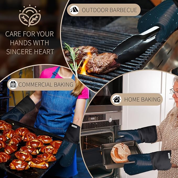 Silicone Oven Mitts,Cotton Lined Gloves, BPA-Free, Long Cooking Mitts and Trivet Mats, Oven Mitts Set for BBQ, 4 Pieces (Dark Grey)