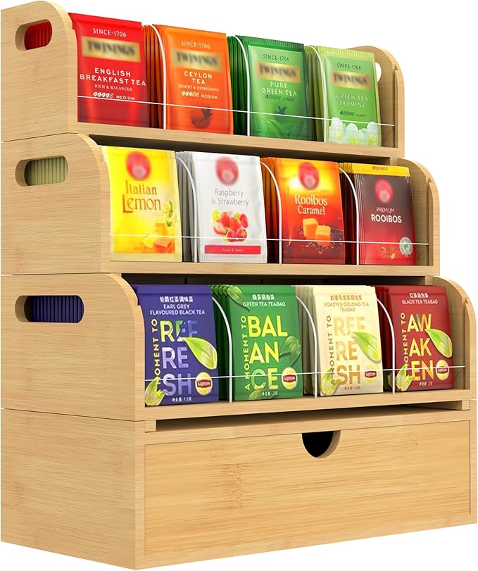 Bamboo Tea Bag Organizer for Coffee Bar, 4 Tier Modular Tea Organizer with Drawer, Large Capacity Tea Storage Box, Stackable Tea Station Organizer, No Assembly, Kitchen Counter