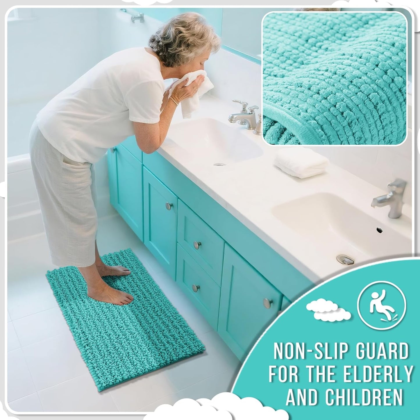Yimobra Long Bathroom Rugs Non Slip Washable 44x24 Inch - Ultra Soft Absorbent Chenille Bath Mat, Quick Dry Shaggy Floor Carpet for Tub Shower, Lake Blue Home Decor Accessories