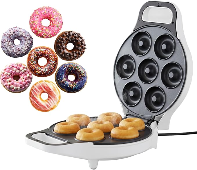 Mini Donut Maker, Durable, Nonstick Easy to Use Mini Baking Machine - Cooks 7 Mini Doughnuts at a Time - Glazed, Frosted with Sprinkles, Nuts, or Vegan Donuts, & More (White)