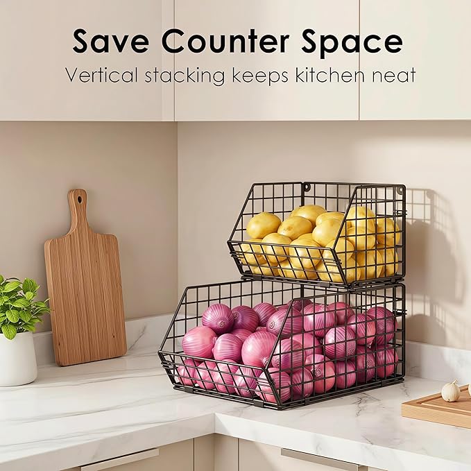 X-cosrack Stackable Wire Baskets for Counter, Fruit and Vegetable Storage, Potato and Onion Storage Bin，Kitchen Pantry Organizer - Wall Basket for Produce/Snack/Can, Large, Black