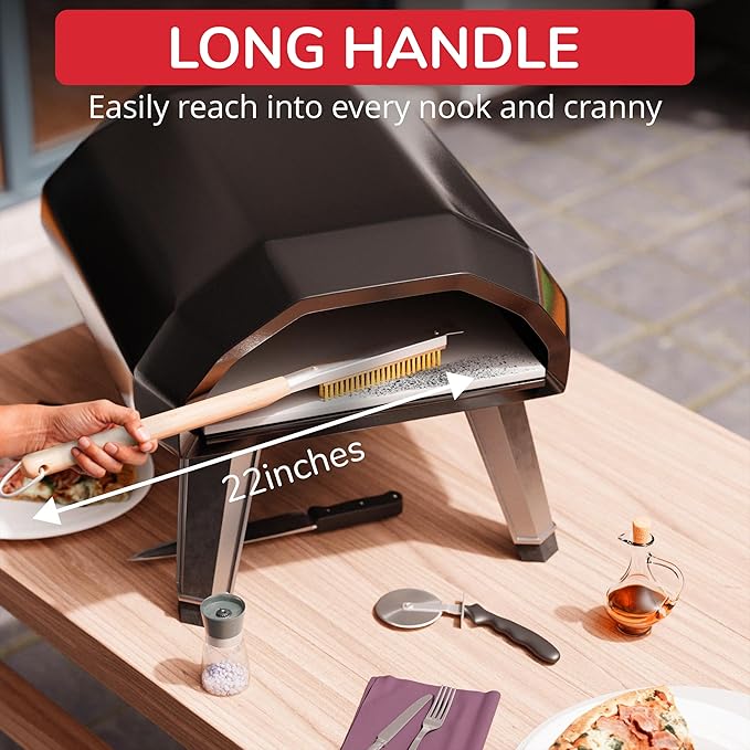 Senwosa 22” Pizza Oven Brush with Stone Scraper - Heat Resistant Stainless Steel Bristles, Long Handle - Compatible with Ooni, Gozney & Similar Ovens