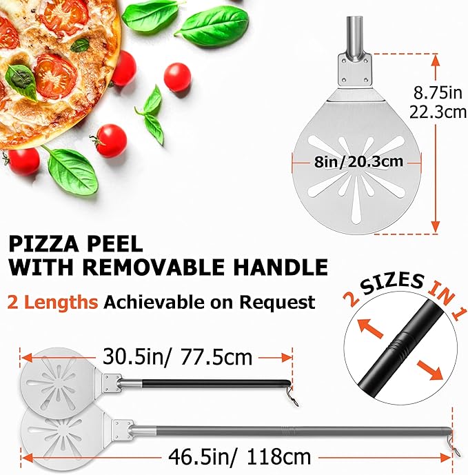 8 Inch Pizza Peel Turning, Joyfair Perforated Pizza Turner with Long Detachable Handle, Stainless Steel Spatula Paddle for Rotating Sliding, Metal Tools Oven Accessories, Easy Cleanup (Painted Handle)