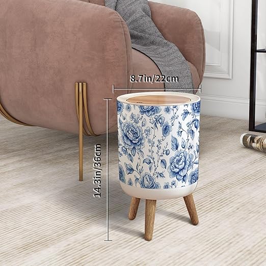 Trash Can with Lid Bloom Vintage floral seamless Spring flowers Blue white Chinoiserie Press Top Round Small Garbage Bin with Wooden Legs Waste Basket for Kitchen Bedroom Nursery 7L/1.8 Gallon