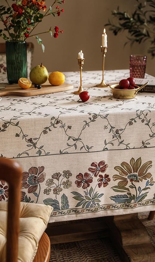 patdrea Designer Linen French Tablecloth for Rectangle Table,Fall Country Breathable Floral Tablecloths,Table Cover for Kitchen Dining,Tea Party,Christmas,Thanksgiving,63"x87"-Oliveirad