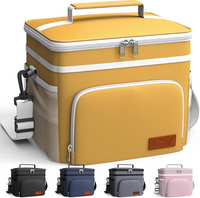 HOTOR Insulated Lunch Box for Men & Women - Leak-Proof Cooler Lunch Bag with 4 Pockets, Adjustable Strap, Ideal for Work, Picnic, Travel - Medium, Yellow, 10.2"×6.9"×8.5"