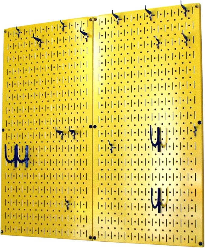 Wall Control Kitchen Pegboard Organizer Pots and Pans Storage Rack Organization Kit with Yellow Pegboard and Blue Accessories