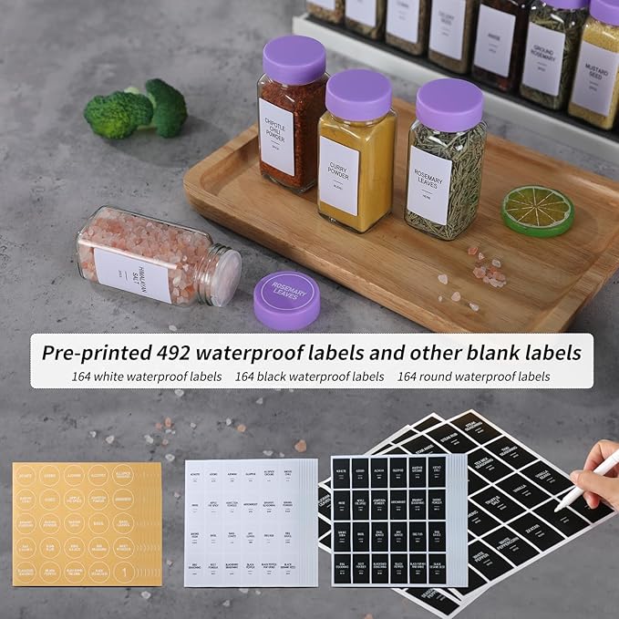 36 Glass Spice Jars with Labels, Spice Jar Set, 4oz Spice Containers, Seasoning Containers with Purple Airtight Lids and Shaker Lids, Square Empty Spice Bottles, 492 Labels, 1 Funnel