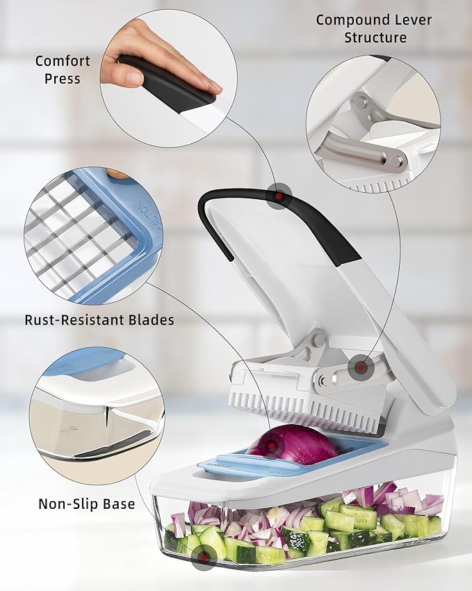 MR.SIGA Vegetable Chopper with Container, 2 in 1 Manual Hand Food Chopper with 2 Stainless Steel Chopping Blades for Potato Strips, Onion Cubers, Carrot Sticks, White & Black