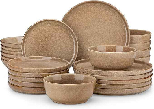 vancasso ANYA 24 Pieces Plates and Bowls Set, Caramel Dinnerware Sets, Reactive Glaze Dishes Set for 6, Ceramic Dishware Sets Kitchen Dinner Set, Microwave & Dishwasher Safe