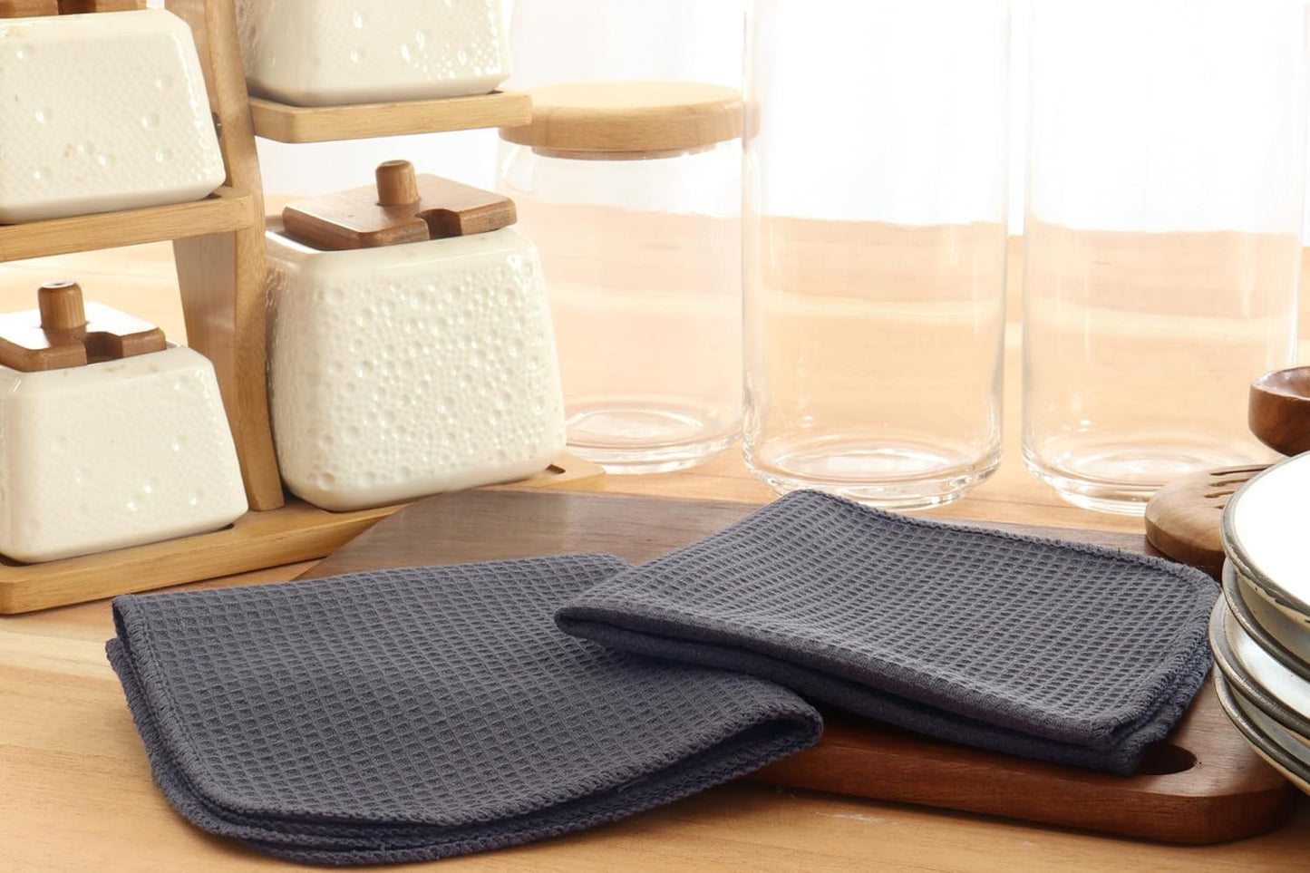 PurpleEssences Dish Cloths and Dish Rags - 8 Pack Waffle Weave Solid Kitchen Dish Wash Cloths, 100% Cotton, 12 x 12 Inches, Ultra Soft Absorbent Quick Drying - Spring Summer - Dark Grey