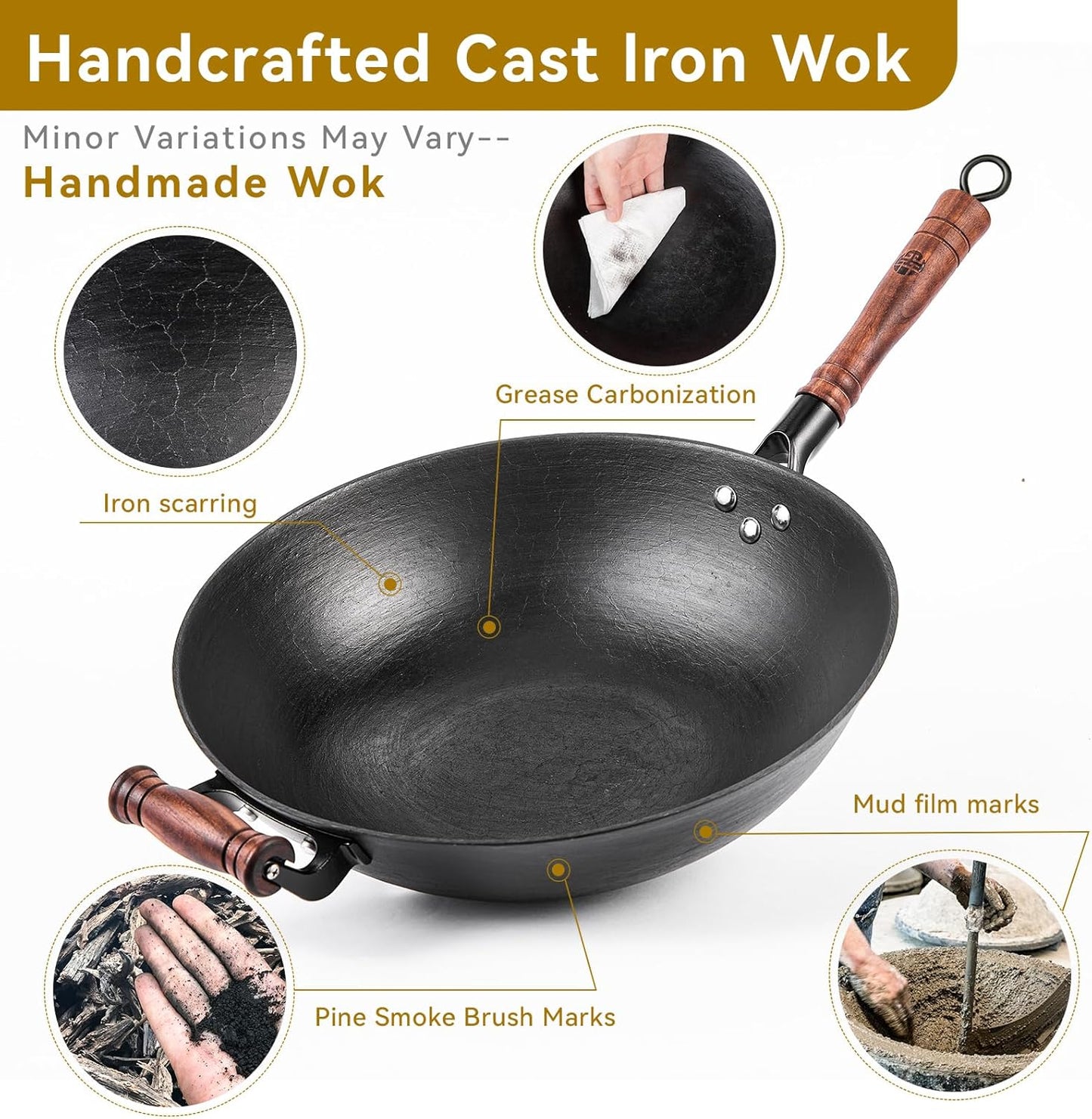 WANGYUANJI Cast Iron Wok Pan 12 inch Flat Bottom with Wooden Handle and Lid, Large Wok Stir Fry Pan Suitable for All Cooktops, Chinese wok with Free Dishcloth and Brush