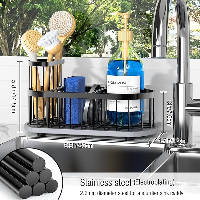 Sponge Holder for Kitchen Sink with High Brush Holder, [Stay-Dry Anywhere & No Drainage Needed] Rustproof Stainless Steel Kitchen Sink Caddy Organizer with Water Absorbing Stone Tray, Black