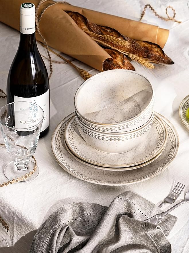 LE TAUCI Plates and Bowls Sets for 4, 12 Piece Ceramic Dinnerware Sets, Kitchen Stoneware Dish Set, Chip Resistant, Microwave & Dishwasher Safe, Reactive Glaze Beige (8"&10" Plate, 27oz Bowl)