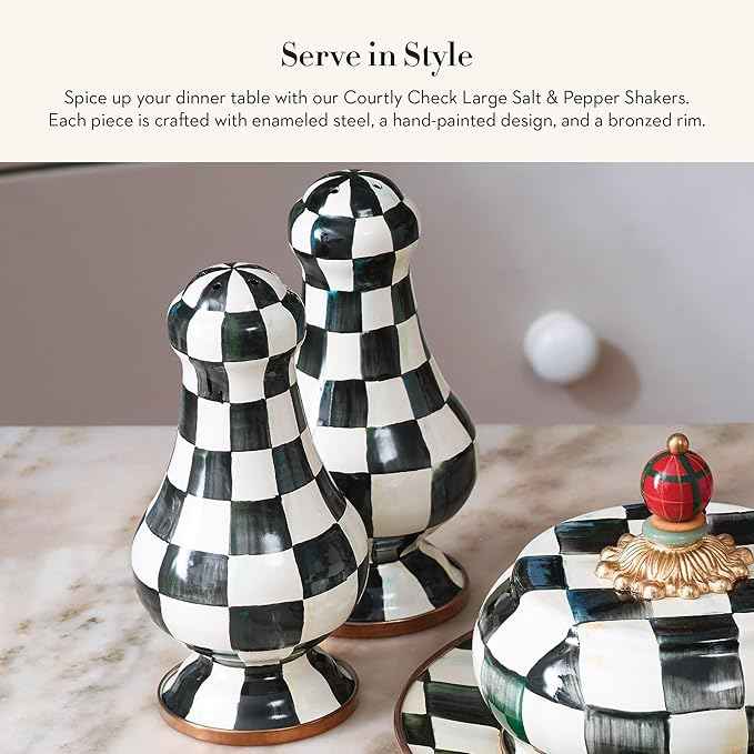 MACKENZIE-CHILDS Enamel Salt and Pepper Shakers, Kitchen Table Spice Shaker Set, Black-and-White Courtly Check, Large