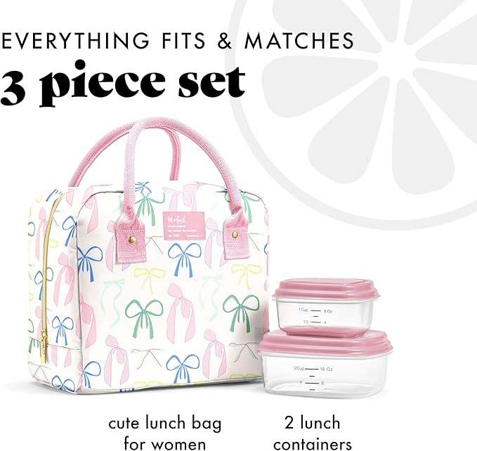 Fit & Fresh Bloomington Lunch Bag for Women - Insulated Large Lunch Box for Work with Containers, Leak-Resistant, Stain-Resistant, Zipper Closure, Pink Dainty Bows
